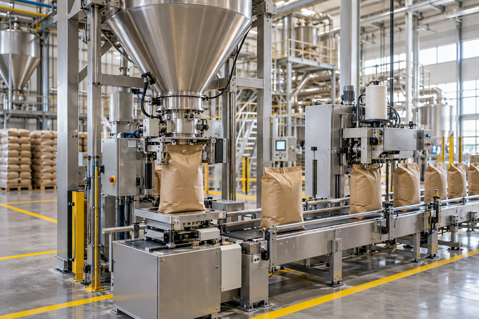 Illustrative dry product filling and bagging production line