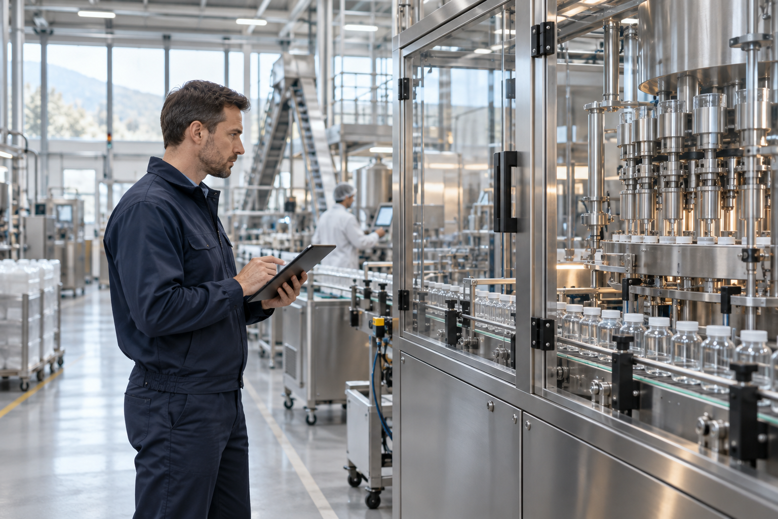Illustrative view of an engineer reviewing a liquid filling line