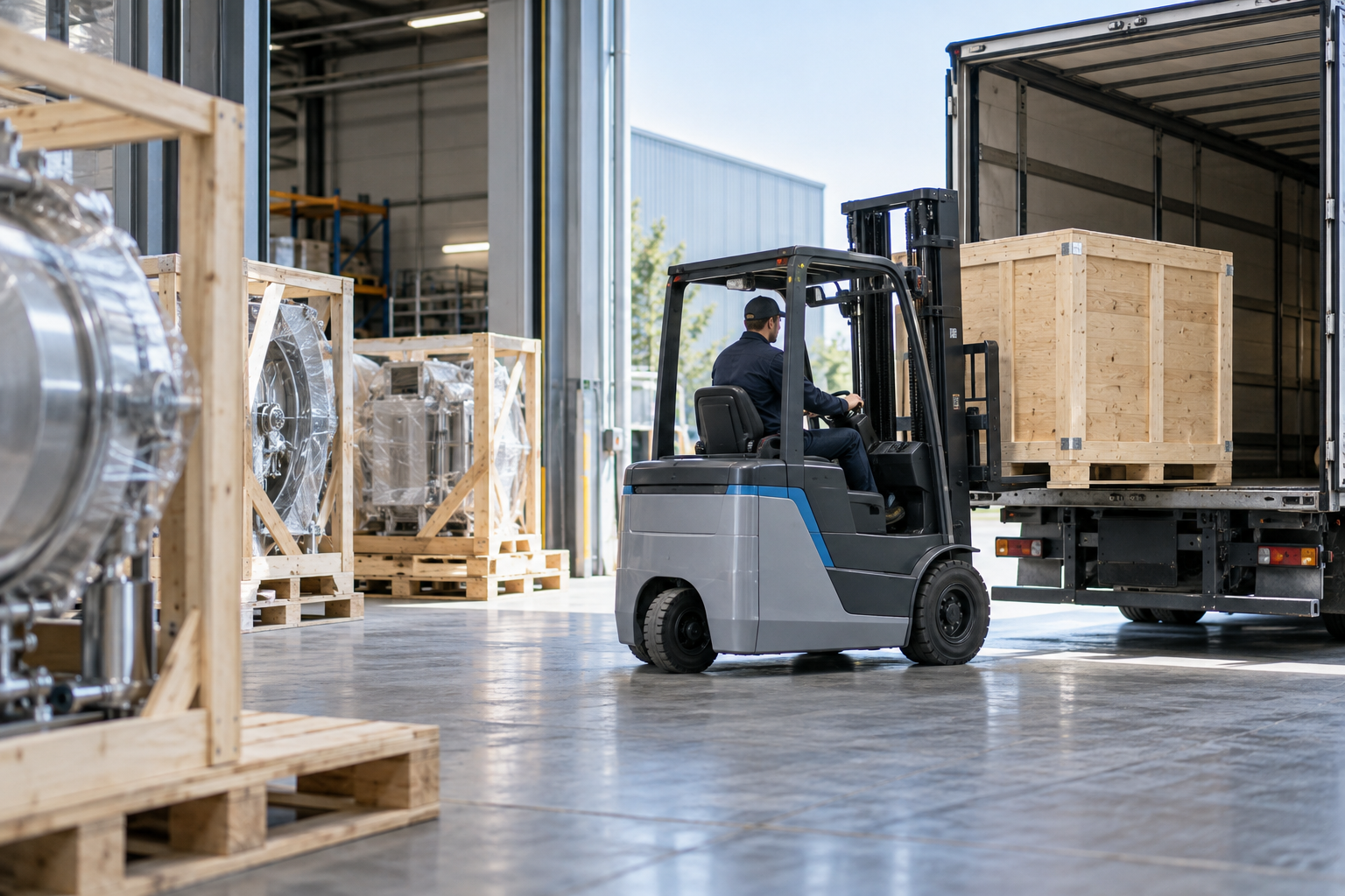 Illustrative industrial equipment shipment at a warehouse loading bay