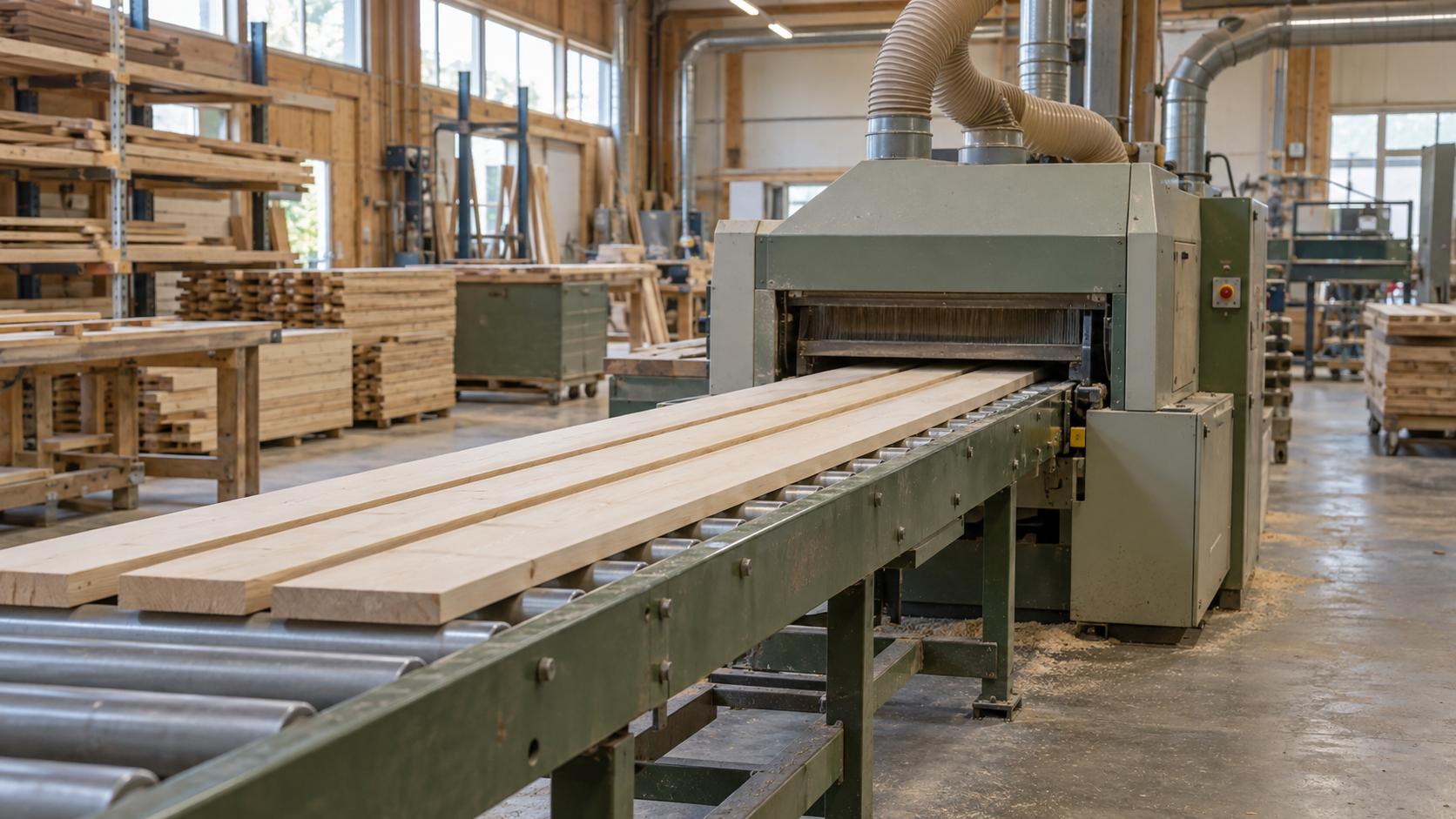 Illustrative woodworking production line with timber conveyor and planer
